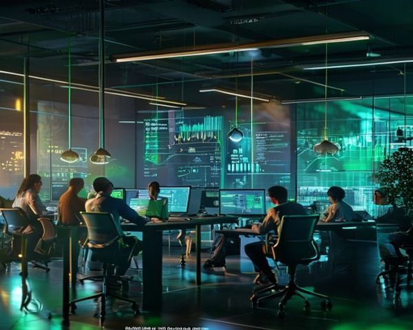 磁力天堂团队在现代化科技办公室内专注工作，屏幕上显示数据可视化图表，青绿色霓虹灯光映照出浓厚的科技感氛围，体现磁力天堂的专业与创新精神