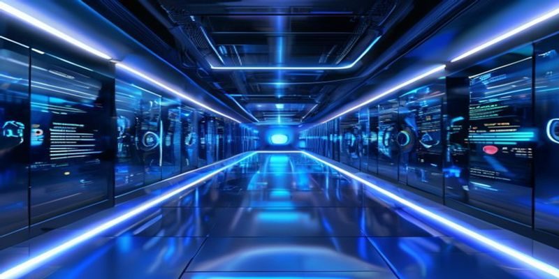 磁力天堂2026年全新搜索引擎上线，深色科技风界面展示毫秒级磁力资源检索结果，屏幕蓝光照亮机房环境